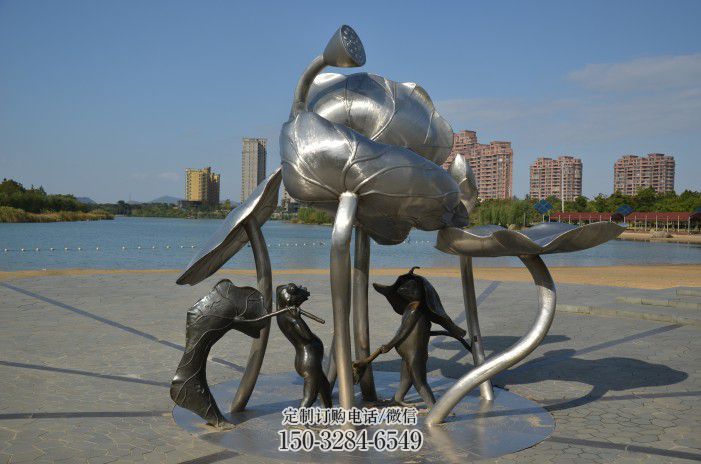 蓮蓬嬉戲雕塑，城市植物景觀雕塑，不銹鋼鏡面效果